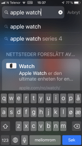 Spotlight på iOS, som søker etter "Apple Watch"