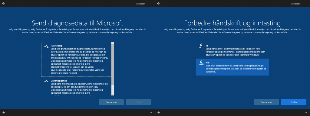 Sammensatt bilde av to av skjermene i Windows-konfigurasjonen. Til venstre om du vil sende diagnosedata til Microsoft. Til høyre om du vil sende håndskriftsdata for å forbedre håndskriftsgjenkjenningen.