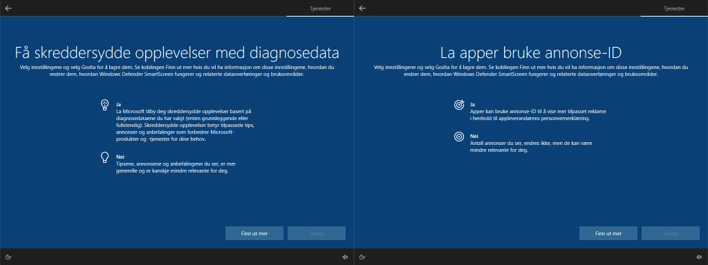 Sammensatt bilde av to trinn i Windows-konfigurasjonen. Til venstre om du vil ha skreddersydde opplevelser basert på diagnosedata, til høyre om du vil la apper bruke annonse-ID for å gi tilpassede annonser.