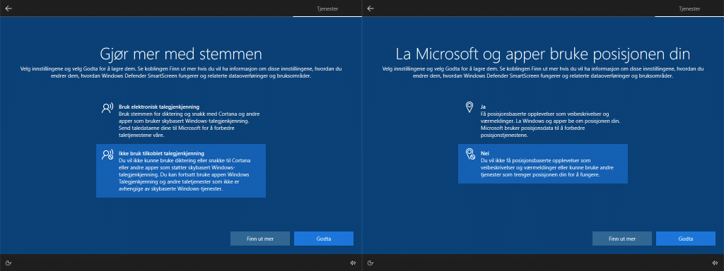 Sammensatt bilde av to av skjermene i tjenester-delen av Windows-konfigureringen. Til venstre får du valget om å aktivere skybaserte talegjenkjenningstjenester og til høyre posisjonsbaserte tjenester.