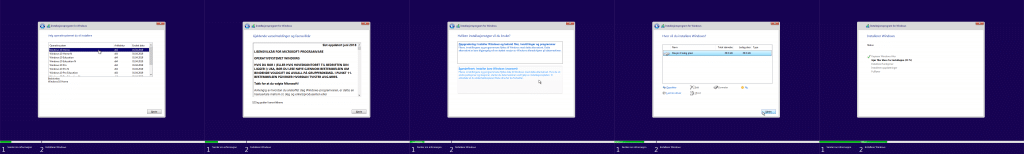 Bilde satt sammen av de siste trinnene i installeringsprogrammet for Windows. Det første trinnet på bildet lar deg velge utgaven av Windows 10 du vil velge. Det neste inneholder lisensavtalen. Neste trinn lar deg velge installasjonstypen, og siste trinn lar deg velge disken hvor Windows skal installeres. Til slutt kommer ventebildet.