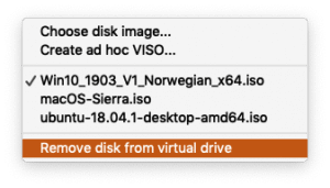 Høyreklikkmeny i VirtualBox som viser muligheten til å fjerne en disk fra en virtuell CD-luke.