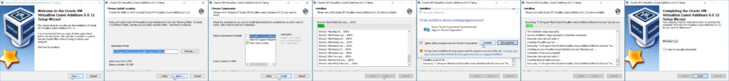 Sammensatt skjermbilde med trinnene for installasjon av VirtualBox Guest Additions. Først er velkomstskjermen, deretter skjermen der man velger plassering. Etter er det en liste over komponenter man kan velge. Så kommer bilder av selve installasjonsprosessen. Dette inkluderer et vindu der Windows spør om du vil installere en driver. Til slutt får du valget mellom å starte maskinen på nytt med en gang eller senere.
