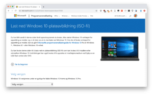Nettsiden til Microsoft, der man kan laste ned en ISO-fil for å bruke til instalasjon av Windows 10.