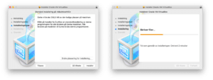 Satt sammen av noen av trinnene for installering av VirtualBox på macOS. Først velkomstskjermen og deretter skjermen der selve installasjonen foregår.