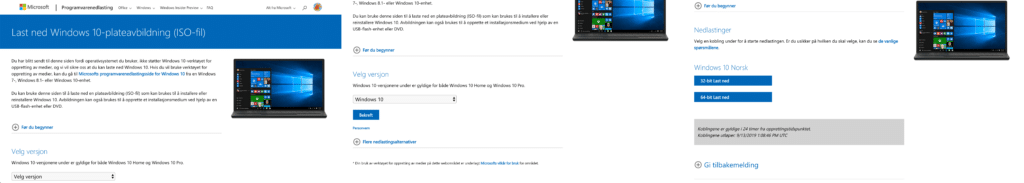 Sammensatt skjermbilde med trinnene på nettsiden der du laster ned en Windows 10 ISO-fil. Først velger du hvilken versjon av WIndows, deretter velges språk og 32-bit eller 64-bit.