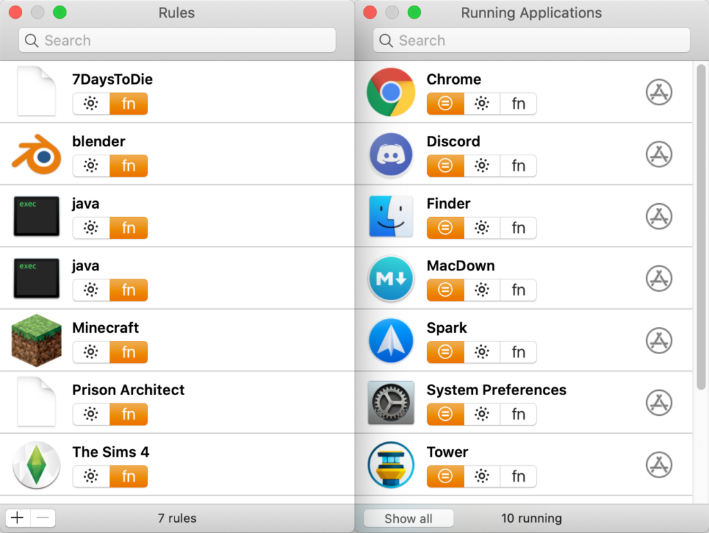 Bilde av Fluor-vinduene "Rules" og "Running Applications", som hver viser en liste over programmer som funksjonstastene kan konfigureres for.