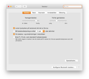 Systemvalg-vinduet på macOS, som viser innstillingen "Bruk F1, F2 etc. som standard funksjonstaster"