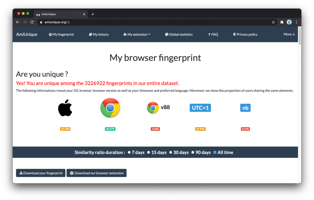 Skjermbilde fra nettsiden AmIUnique, som etter å ha sammenlignet nettleserens fingeravtrykk med over 3 millioner andre konkluderer med at nettleseren er unik.