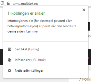 Sideinfo-panelet i Vivaldi, som viser at Multitek bruker en sikker tilkobling med HTTPS.