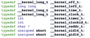 Illustrasjon, linjer med kode som viser "typedef" for datatypen "__kernel_time_t" og andre relaterte typer. "__kernel_time_t" er definert som å tilsvare "__kernel_long_t", altså datatypen "long".